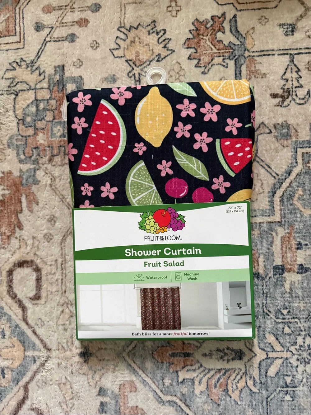 Fruit of the Loom Black Shower Curtain with Bright Fruit Print